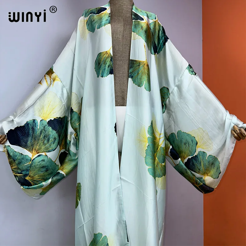 WINYI nowy moda artystyczna drukowane długie Kimono sukienka 2023 lato odzież kobiety wakacje plaża nosić narzuta na strój kąpielowy kaftan