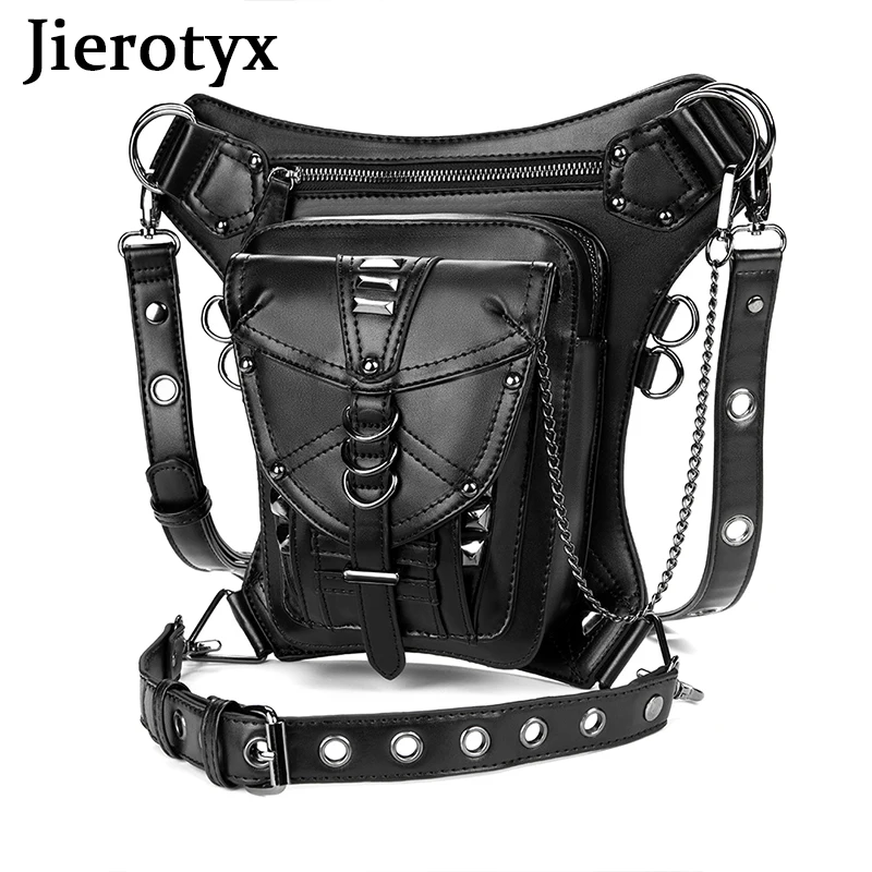 Jierotyx preto bolsa de cintura de couro para mulher steampunk retro rock gótico sacos de peito pacote feminino perna estilo vitoriano