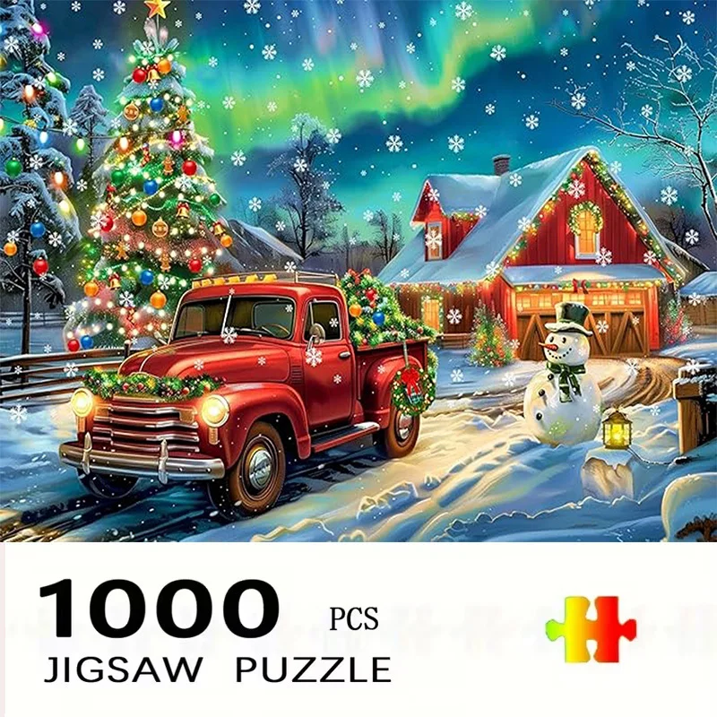 1000-teiliges Weihnachtsschneeszenen-Puzzle mit rotem LKW und Baum – herausfordernder Denksportaufgabe für Erwachsene, Entspannungsspiel, tragbare Box für zu Hause