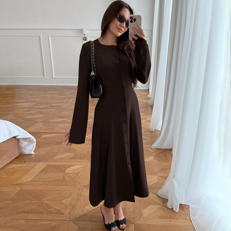 TARUXY Elegant Knitted Cardigan Dress Women's Fashion Button Slim Round Neck Solid Dress Autumn Versatile Party Commuting Outfit