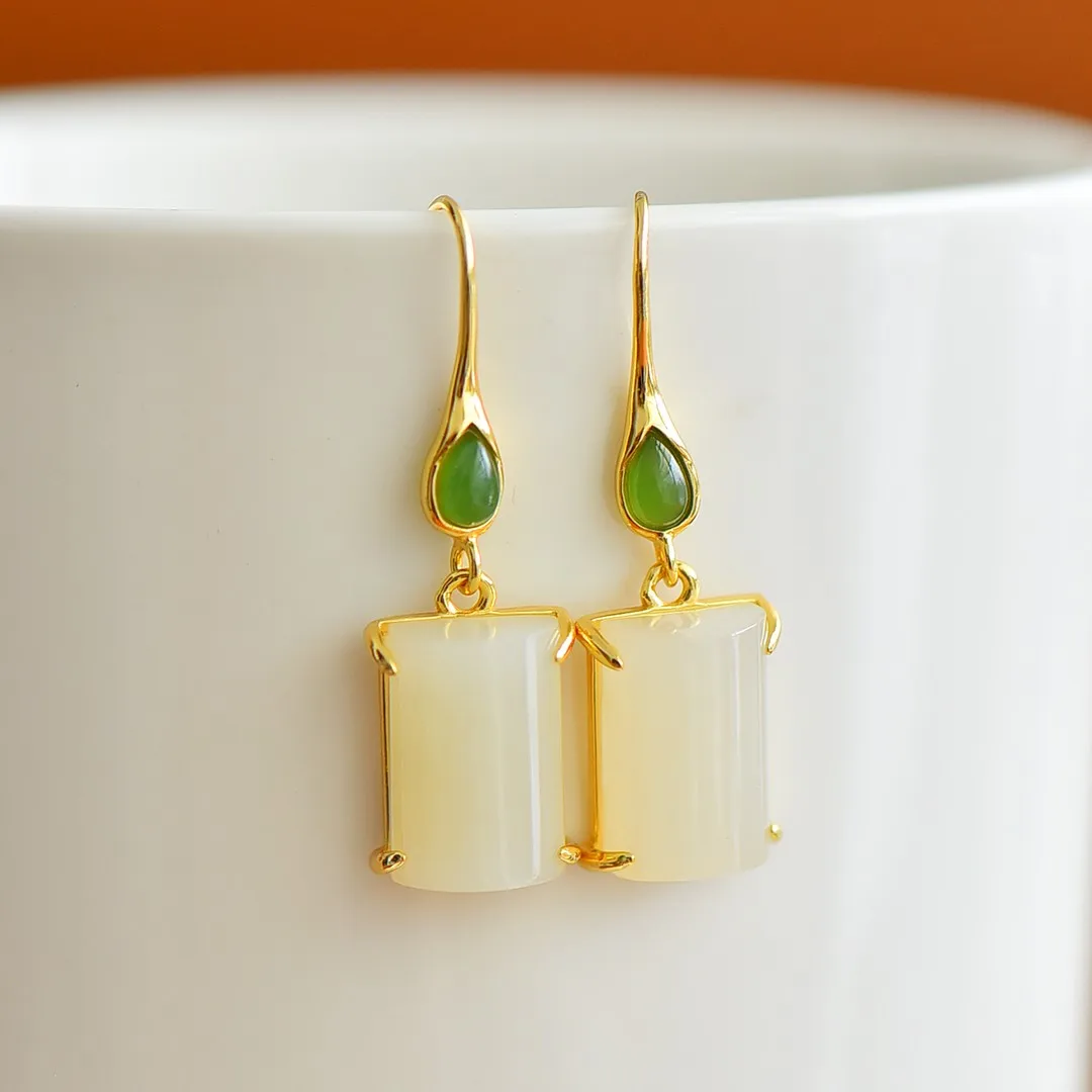 

2316-2# Sweet Lady Women Square HETIAN White Jade S925 Pure Silver Natural Nephrite Cheongsam Party Earrings