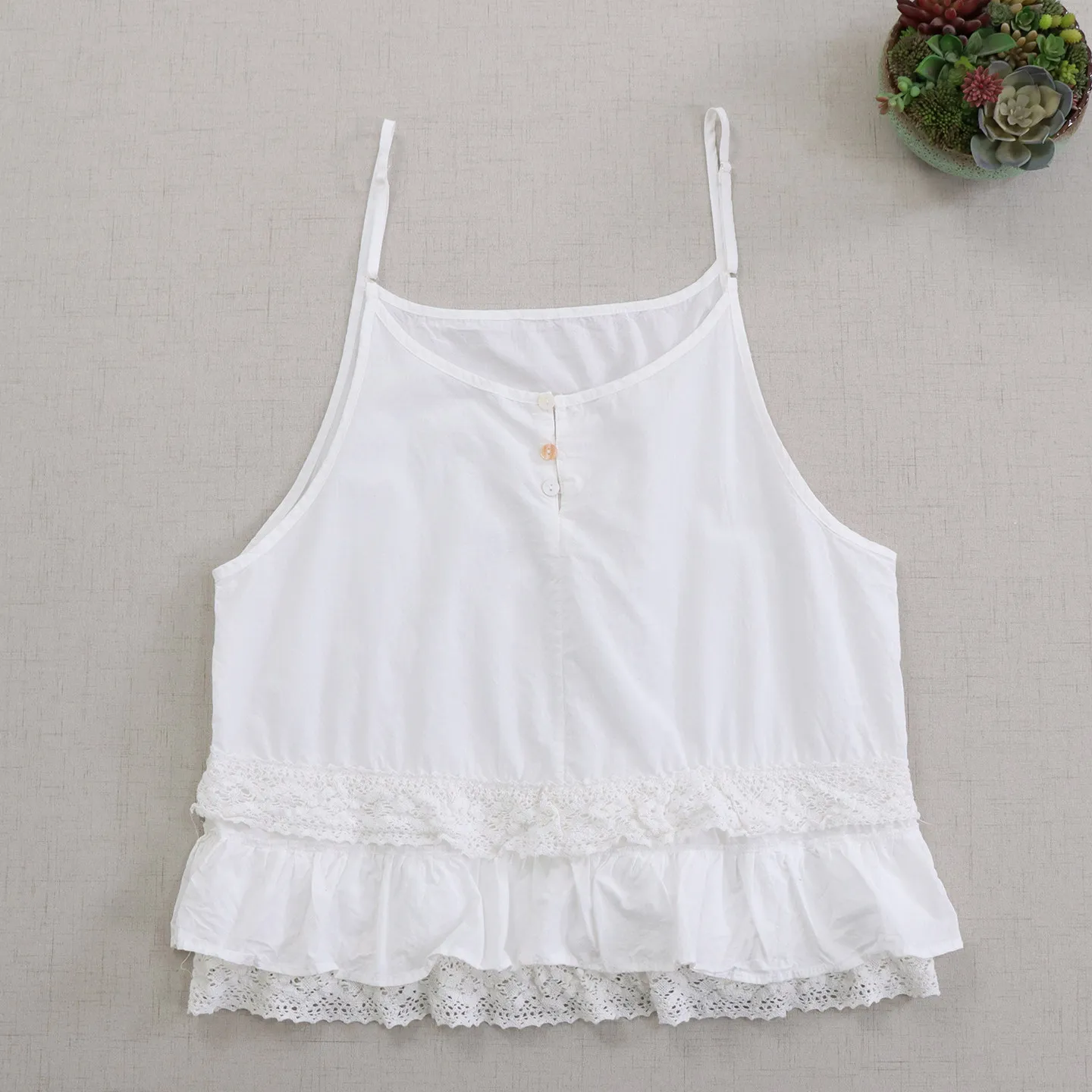 Japanese Sweet Mori Girl Lace Patchwork Ruffles Cotton Camis Tops Women Summer Button Front Casual Loose Cute Tank Tops