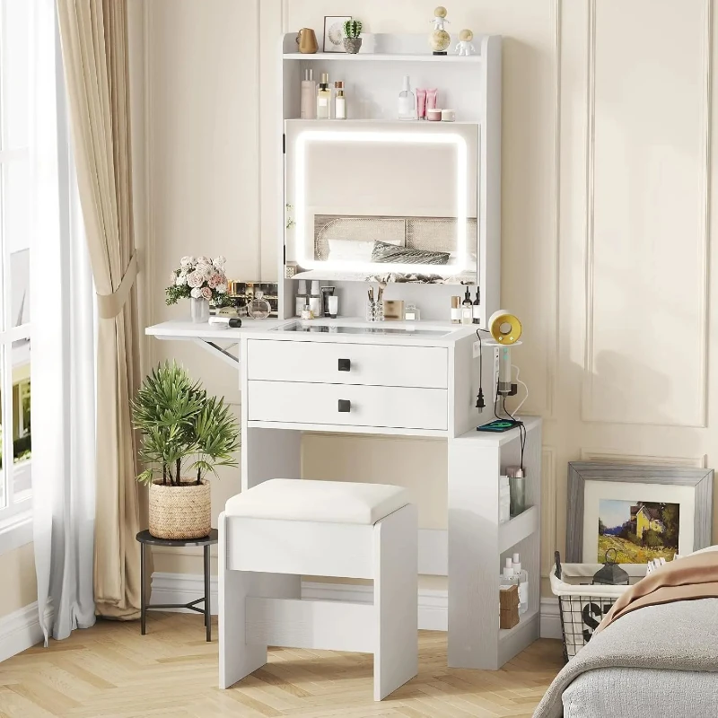 Small Makeup Vanity Desk with 3 Adjustable Lighted Mirror, White Vanity Set with Fold-up Panel and Charging