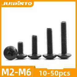 JUIDINTO 10-50pcs Black Cross Recessed Round Truss Head Machine Screw M2-M6 Carbon Steel Mushroom Large Flat Head Screws
