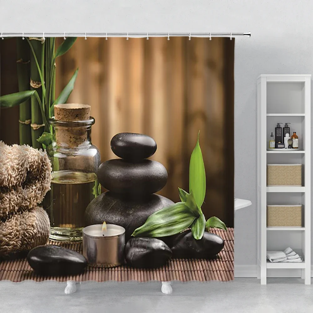 Zen Stone Green Bamboo Shower Curtains Lotus Stream Spa Landscape  Bathroom Waterproof Bath Curtain Fabric Home Bathtub Decor