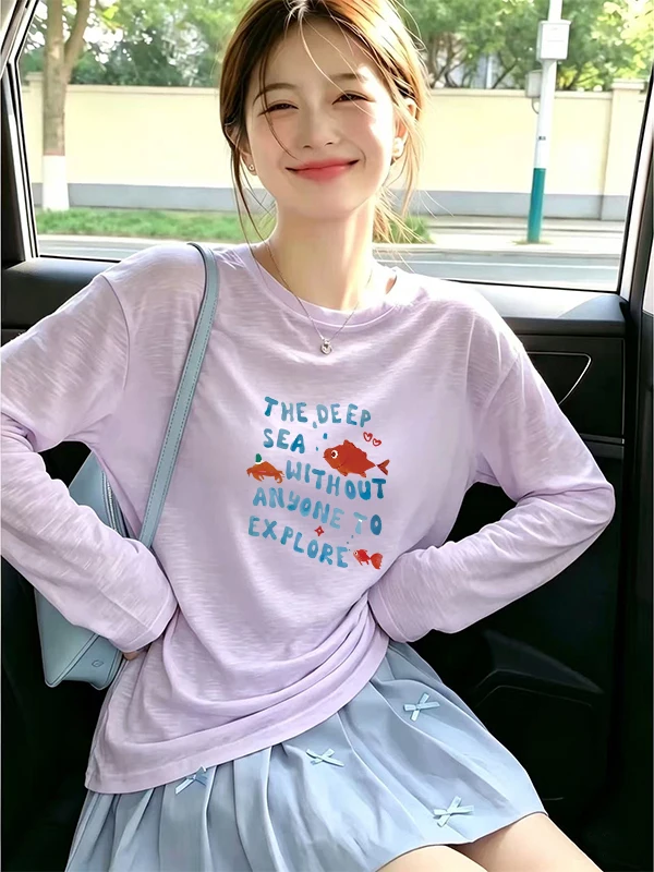 Love at First Sight Purple Design Long Sleeve Women's T-shirt Early Spring Slimming Thin Snowflake Cotton Top