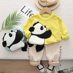 2023 New Spring Autumn Boys Clothing Set Cartoon Panda Full Sleeve Shirt + Pants 2Pcs Outfit For Kids Children Birthday Present