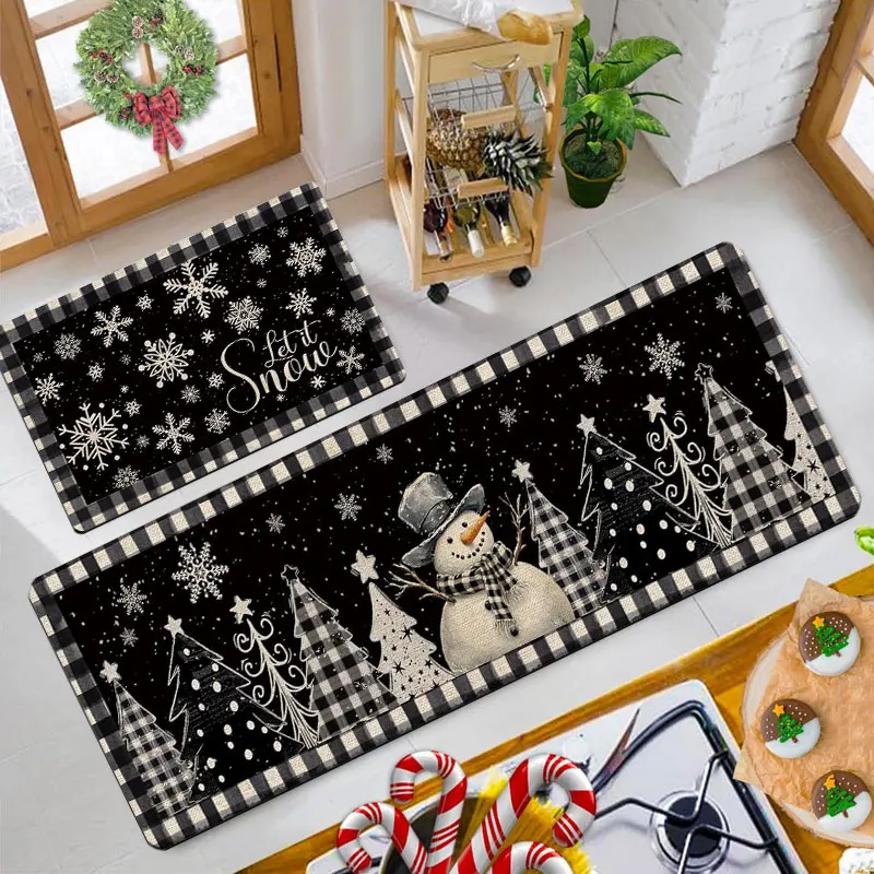 

Black Snowscape And Snowman Pattern Kitchen Carpet Flannel Material Washable Kitchen Decor Suitable for Restaurants And Bedrooms