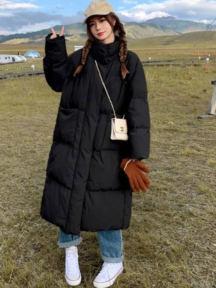 

Women Long Sleeve Loose Parkas Casual Cotton Coat Korean-style Thicken Warm Long Jacket Autumn Winter Button Pocket Office Coat