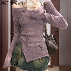 Matakawa Y2k viola fori donna maglioni primavera autunno Mohair Solid pullover moda coreana irregolare sottile Sexy Pull Femme