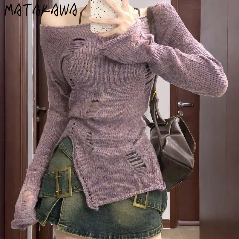 Matakawa Y2k Purple Holes Women Sweaters Spring Autumn Mohair Solid Pullovers Korean Fashion Irregular Thin Sexy Pull Femme