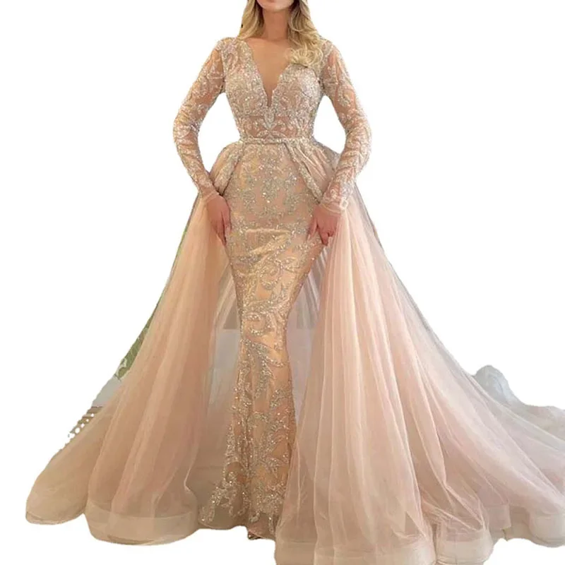 Lace Wedding Dresses for Women 2023 Fashion Elegant V Neck Floor Length Women Dress Slim Long Sleeve Evening Dresses