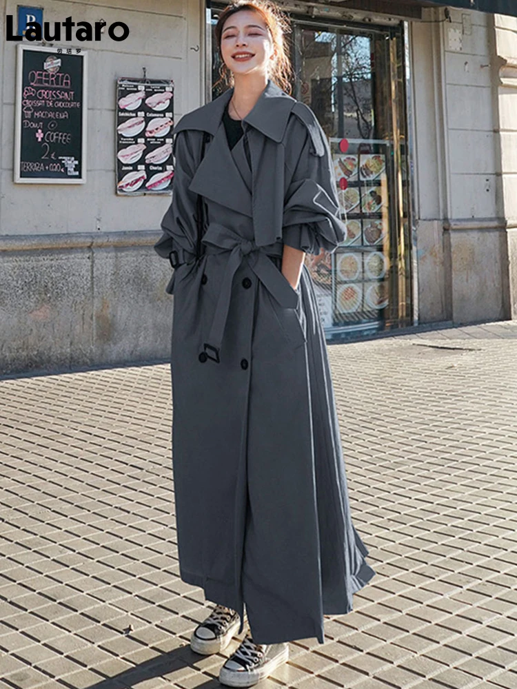 Lautaro Spring Autumn Extra Long Flowy Oversized Casual Trench Coat for Women Belt Double Breasted Loose Korean Fashion 2022