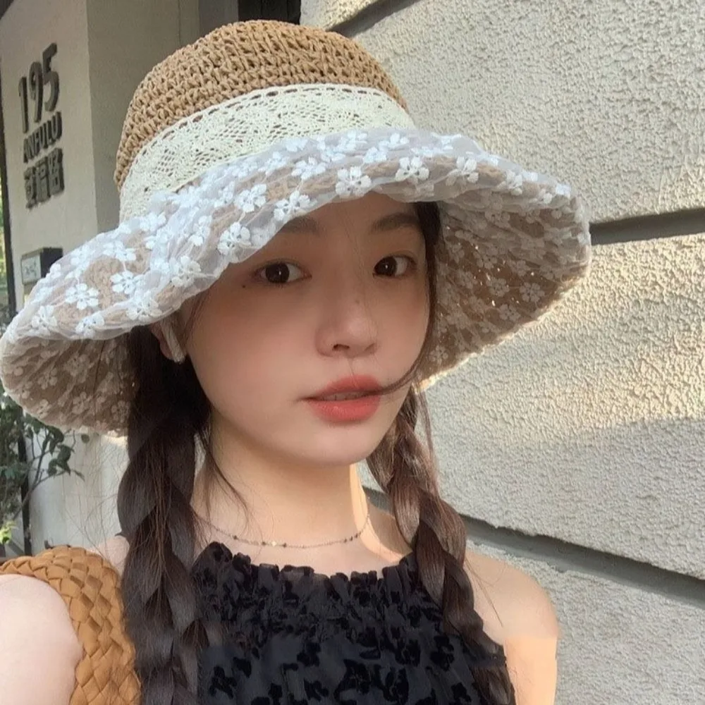 

Elegant Lace Bow Straw Hat Ribbon Crochet Sunscreen Bucket Hat Boho Visor Beach Fisherman Hat Vacation
