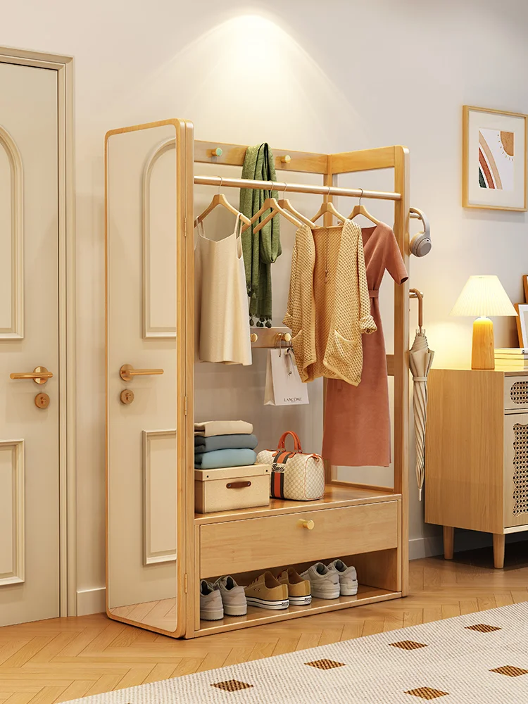#Solid Timber Bedroom Clothes Rack With Mirror Space Saving Freestanding Wardrobe Organizer With Shelves Entryway