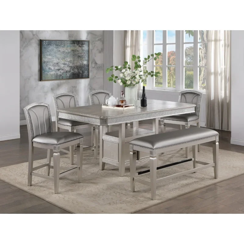 A high-end luxury style restaurant furniture set of 6 pieces, with a retractable dining table, cushioned benches, dining chairs