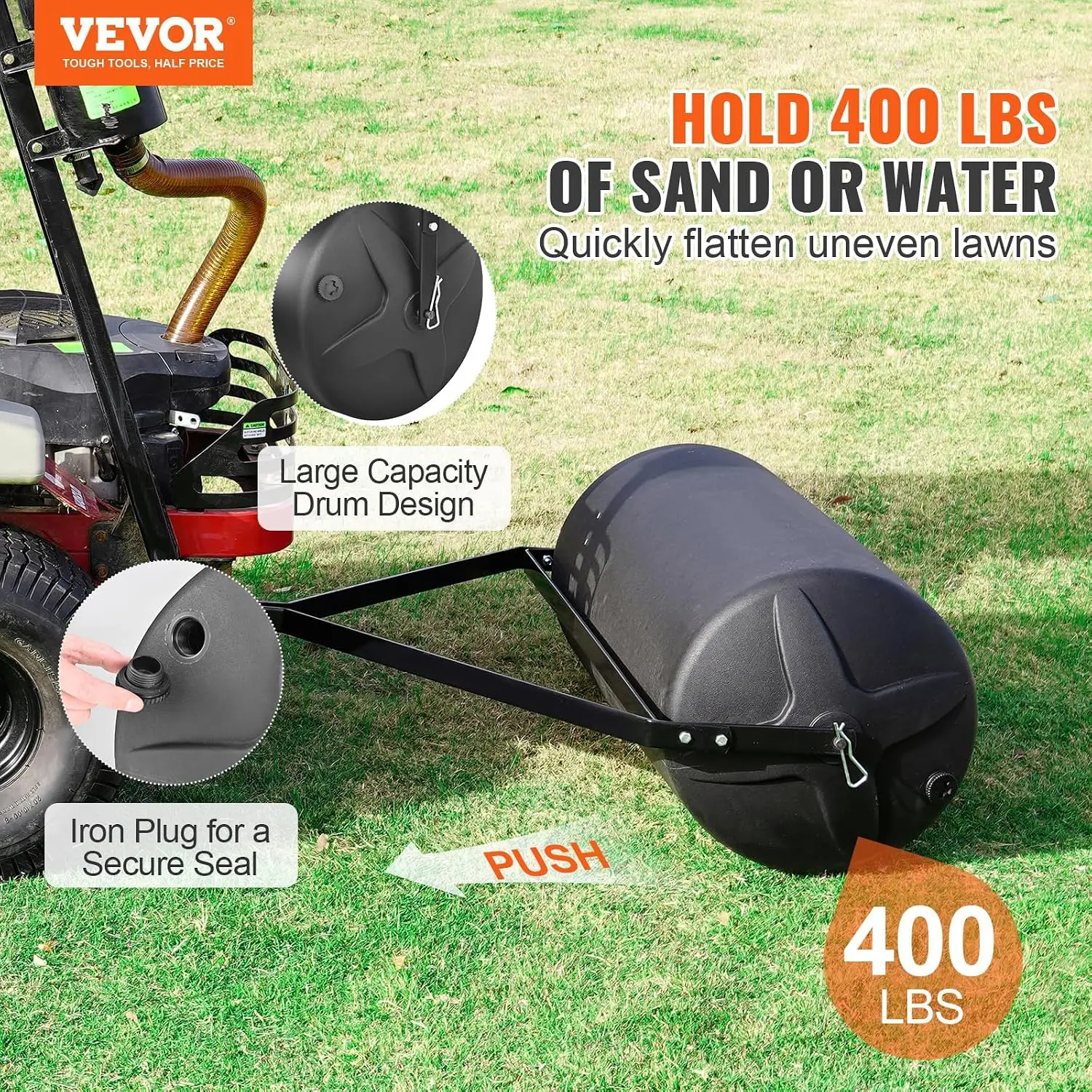 Tow Behind Lawn Roller, 400lbs Sand/Water Filled Yard Roller, LLDPE Drum and Steel Frame Sod Roller with Easy-Turn Plug, Tow Beh - view 2