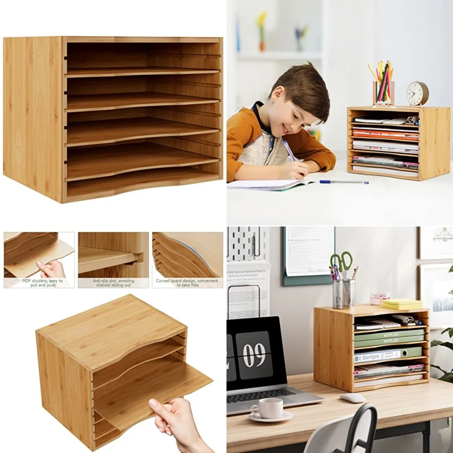 

Bamboo 5 Tier Desktop Organizer, Paper Organizer Mail Sorter, File Holder Letter Document Storage with Adjustable Shelves for S