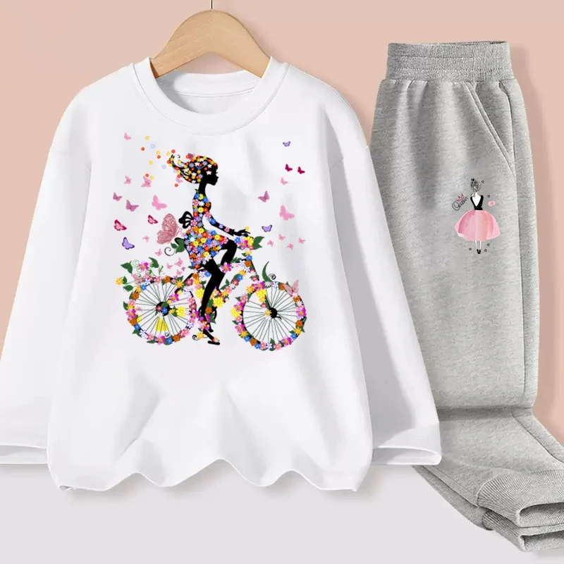 Aimi Lakana Girls Long Sleeve Clothing Butterfly Bicycle T-shirt Kids Spring Tops Pants Baby Cartoon Clothes 2-Piece Sets