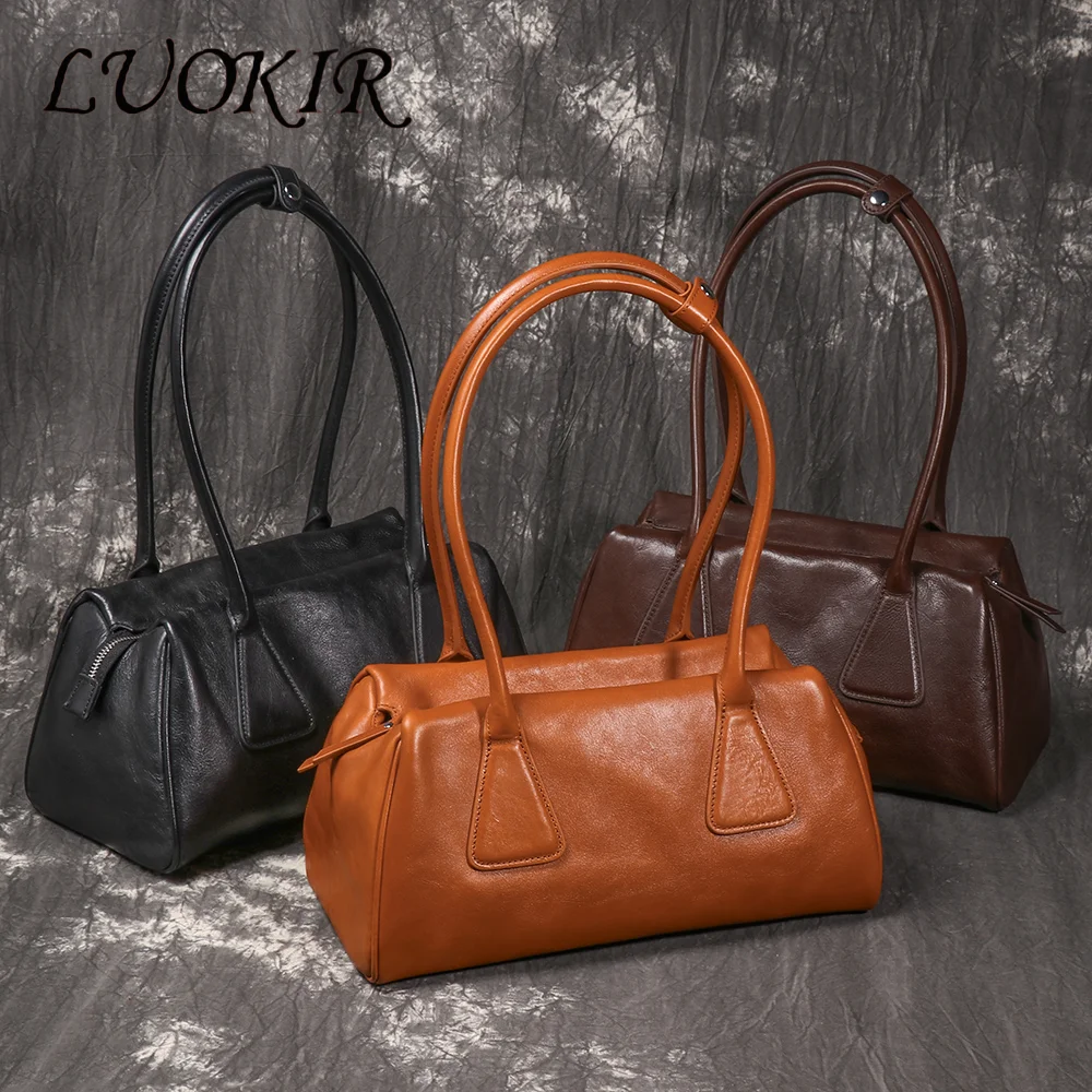 

LUOKIR Genuine Leather Retro Women's Shoulder Bag Fashion Trend New Baguette Bag Daily Commuting Bowling Bag Underarm Bag