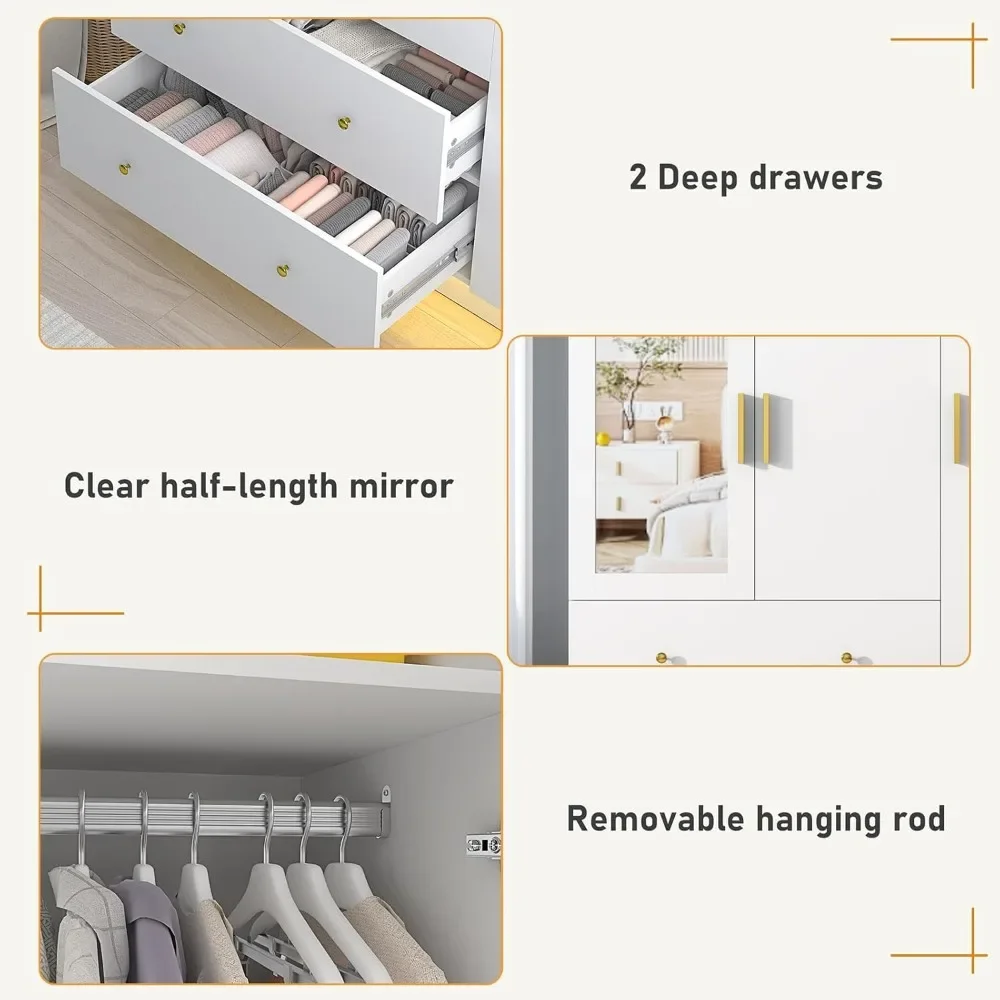 3-door wardrobe with mirrors, LED wardrobe with doors and drawers, wooden storage cabinet with hanging bars, adjustable shelves