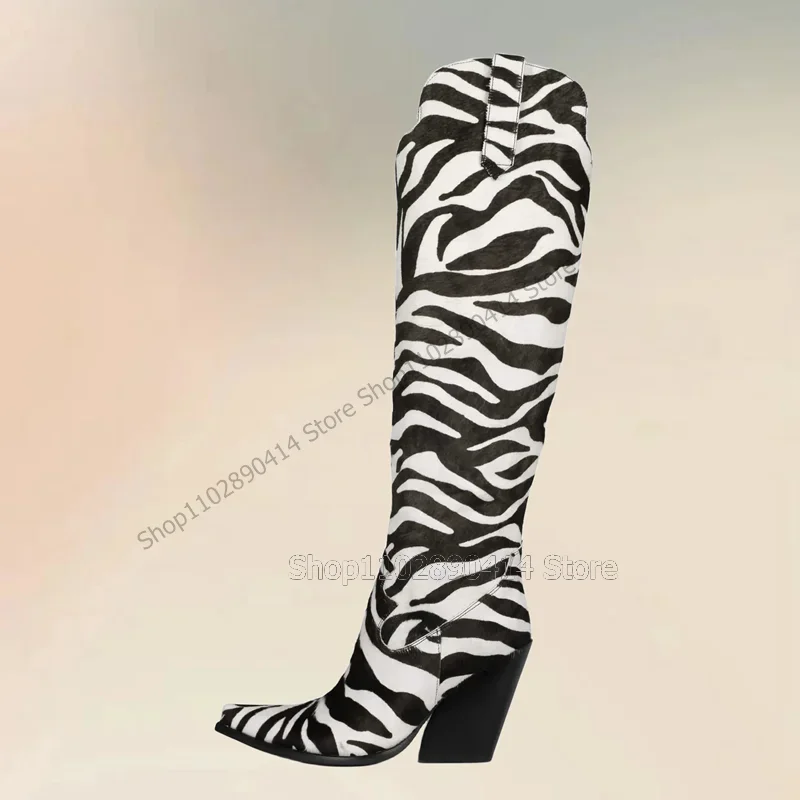

Black White Zebra Print Pointed Toe Boots Slip On Women Shoes Chunky High Heels Fashion Party Banquet 2023 Zapatos Para Mujere