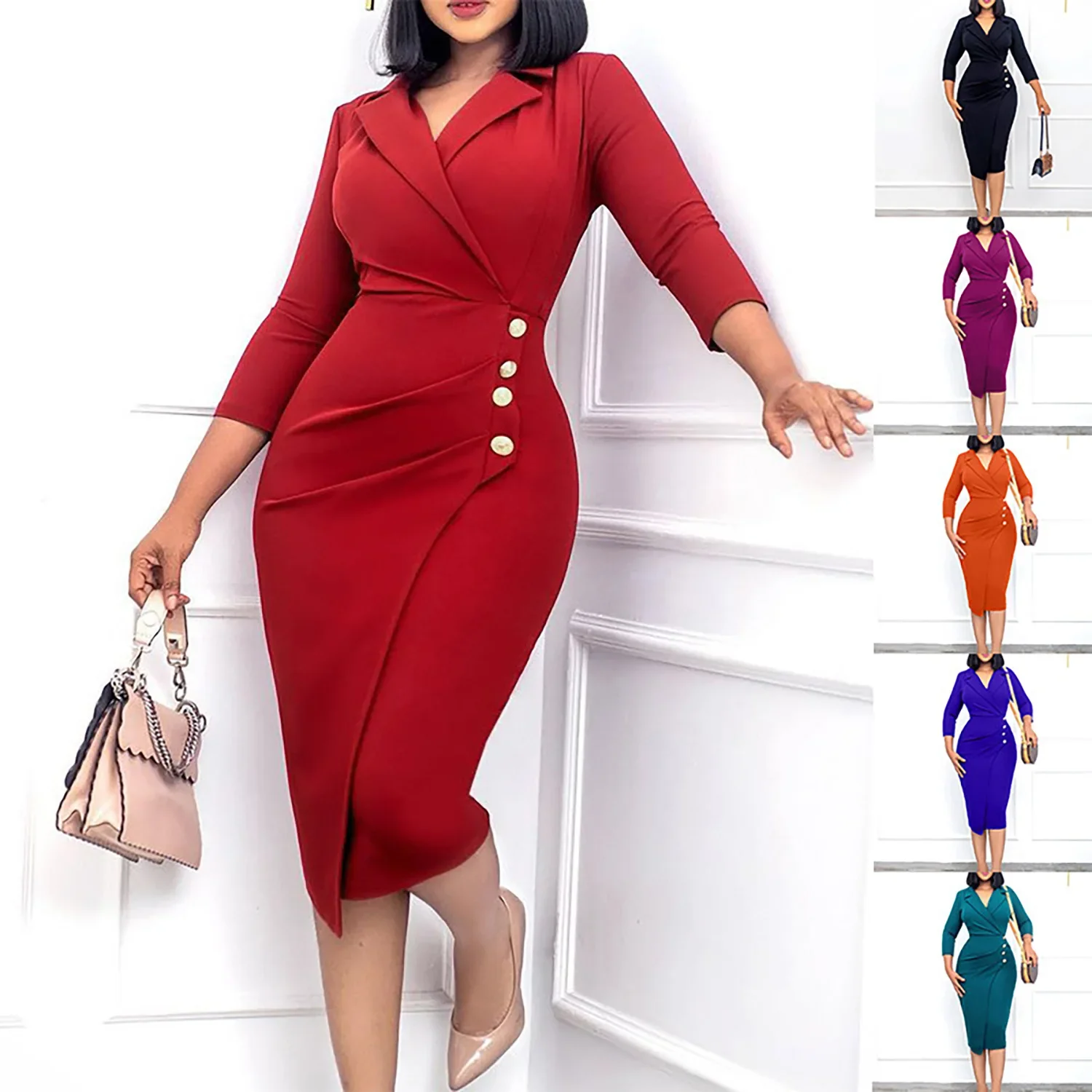 

Women Dress Elegant Suit Collar Button Slim Fit Office Lady Three-quarter Sleeves New Spring Fashion Package Hip Midi Cloth