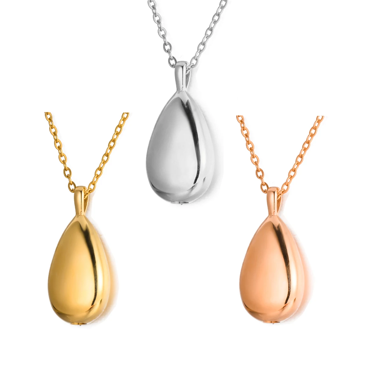 Stainless Steel Waterdrop Cremation Urn Necklace Pendant for Ashes Holder 3 Colors with Sanke Chain