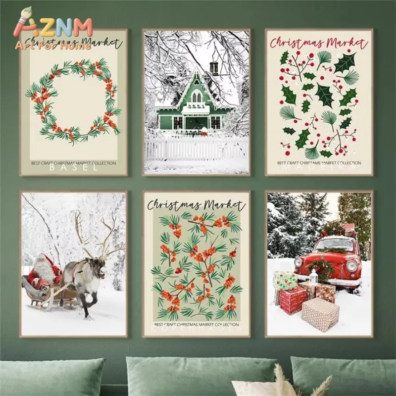Unframed Christmas Market Canvas Wall Art Winter Snowy Red Truck Berry Print Poster Xmas Home Living Room Decor Canvas Painting