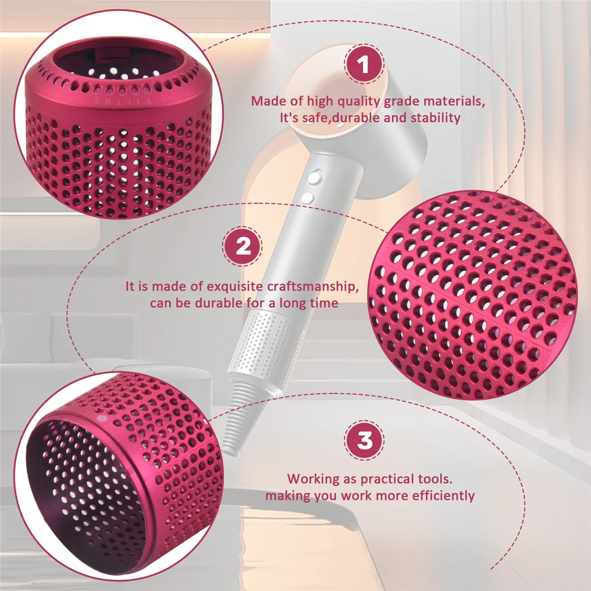 

Better Quality Suitable for Dyson Hair Dryer HD01 HD03 HD08 Dustproof Outer Filter Cover Vacuum Cleaner Accessories Rose Red