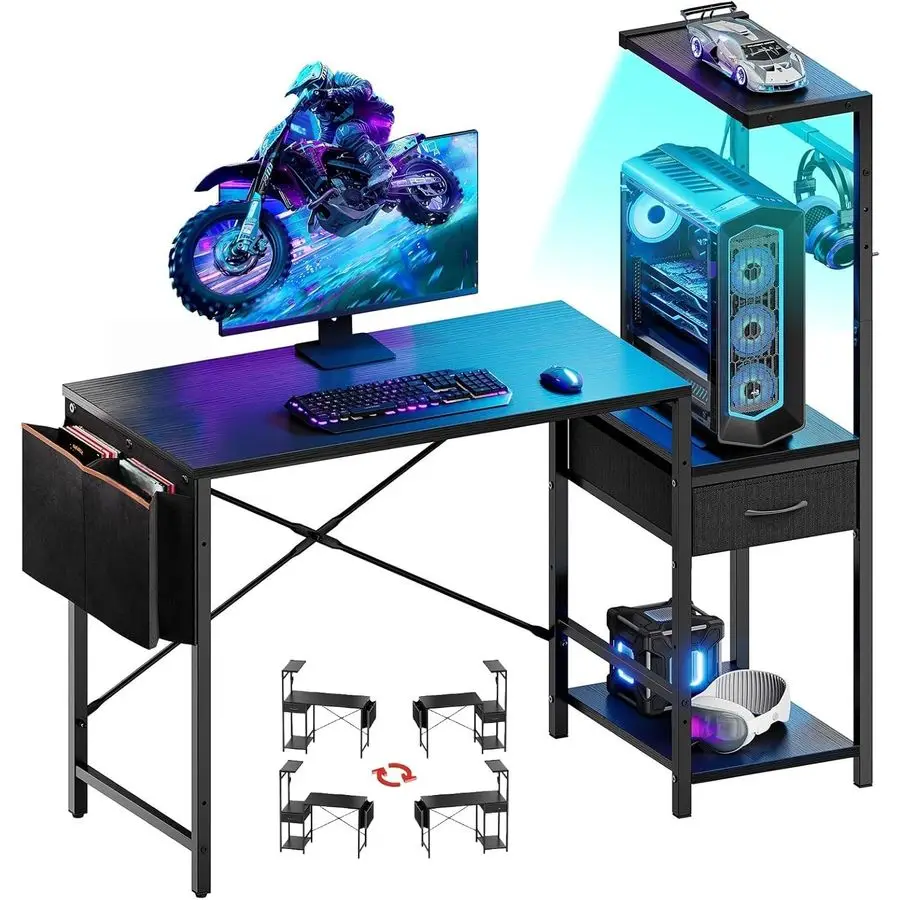 

44 Inch Gaming Desk for Small Spaces, Reversible Computer Desk with Drawers Shelves, Modern Gamer Desk Table with Side Bag Head