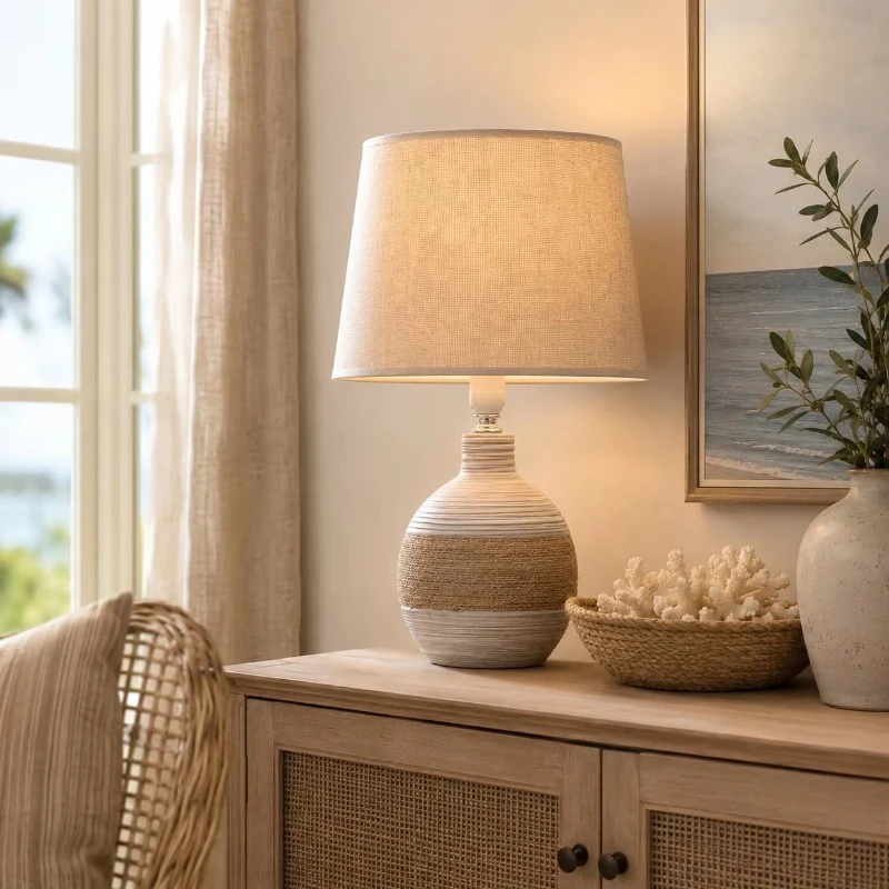Ceramic table lamp Linen shade Jute rope Bedside table lamp