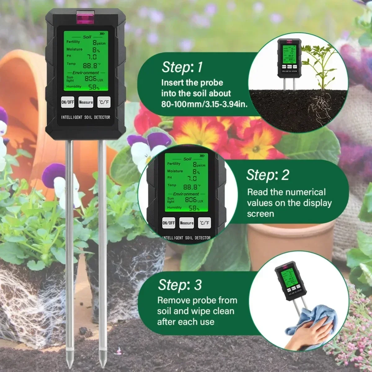 6 in 1 Soil Detector Soil Tester PH Temperature Humidity Sunlight Air Moisture Nutrient Fertility Meter Gardening Tool