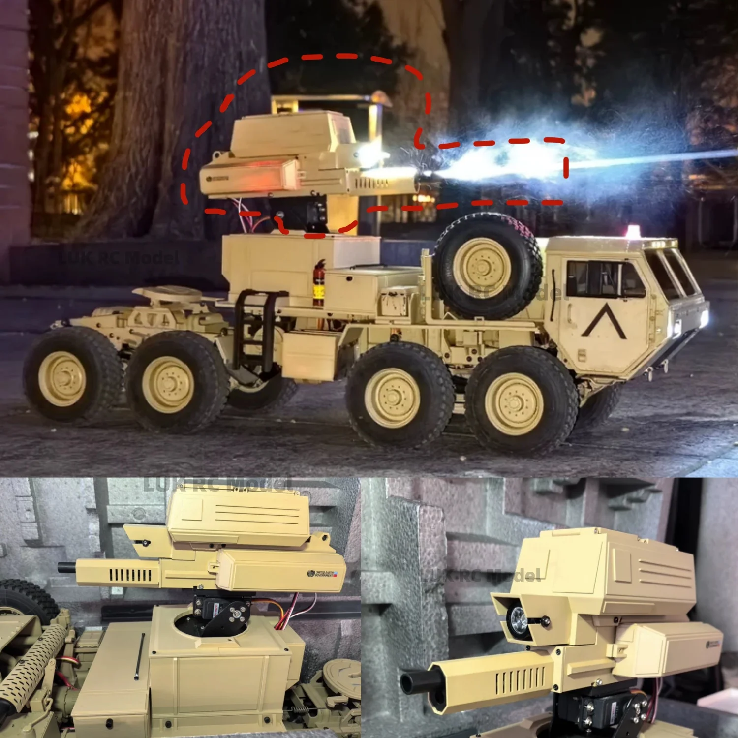 

1/12 Homemade RC Truck Rapid Fire Turret 3D for HG P802 7mm Water BB 5CH Shooting Rotation Pitch Searchlight Laser Aiming DIY