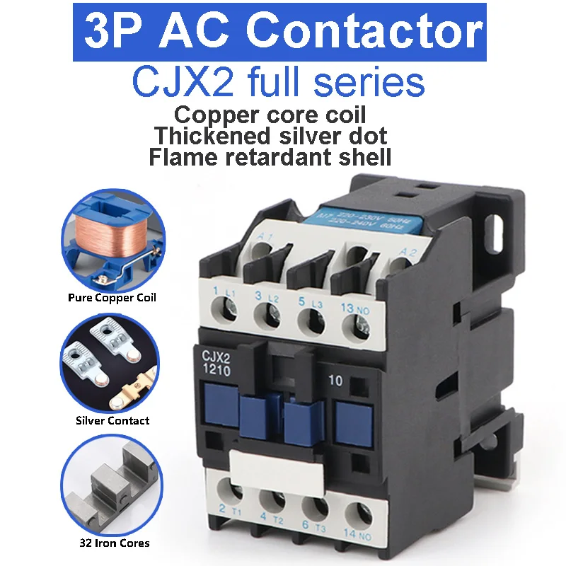CJX2-1201 AC Contactor 12A, Optional Coil Voltage for Motor, Pump & Lighting Control