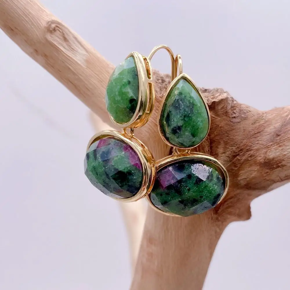 YYGEM Natural 17x13mm Ruby Zoisite Anyolite Bezel Set Hook Earrings Fashion Supplies 2