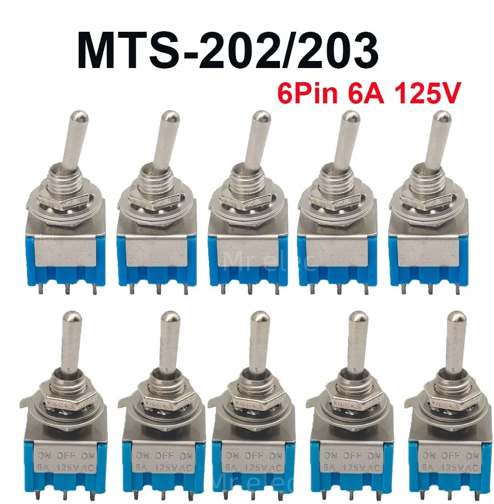 

5 шт. MTS-202 203 6-контактный 6A125Миниатюрный рычажный тумблер, однополюсный, двойной ход, ВКЛ-ВЫКЛ/ВКЛ-ВКЛ, 120 В переменного тока, 6 А, 1/4 дюйма, монтаж