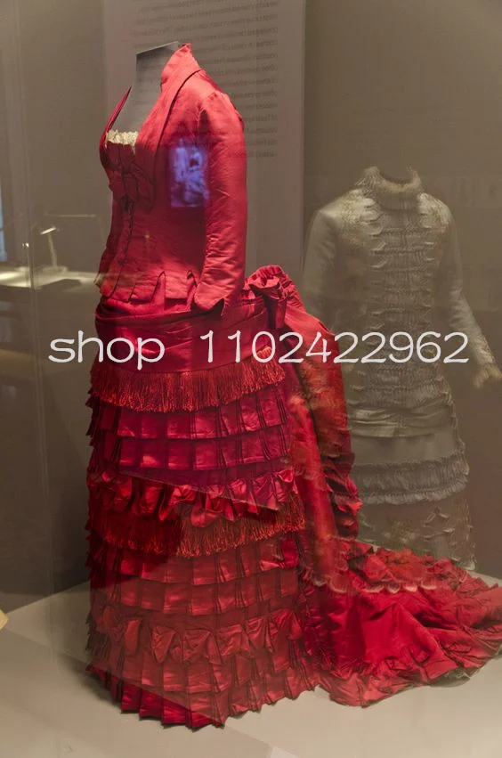 Vestido de Noche Victoriano Borgoña con Volantes, Manga Larga, Plisado, Encaje, Corsé, Vestido de Gala, Disfraz de Cine