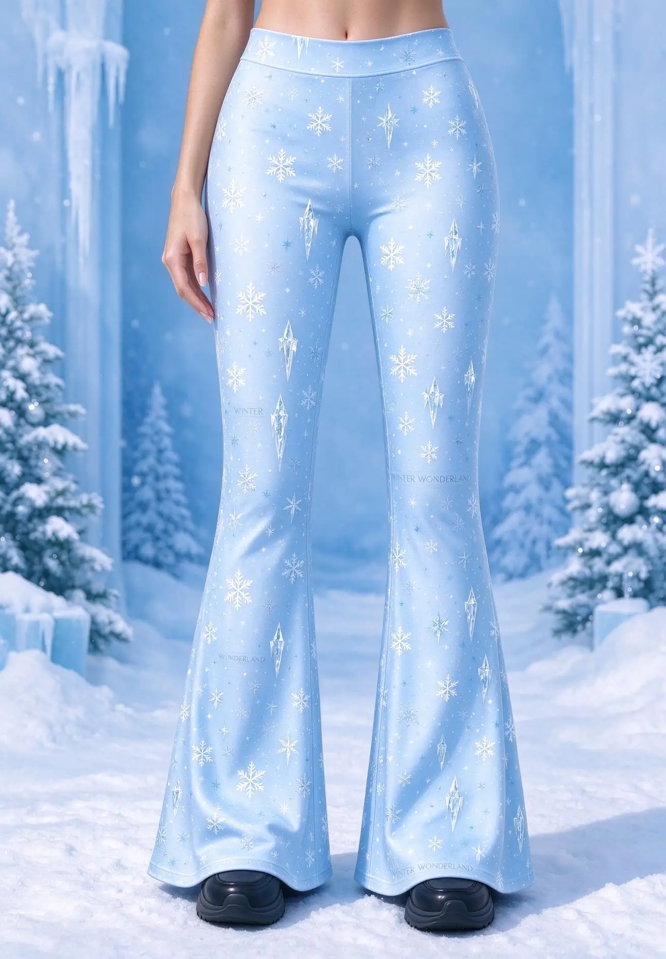 Women Mid Rise Skinny Flare Pants Christmas Snowman Penguin Snowflake Print Light Blue Stretch Bell Bottom Trousers
