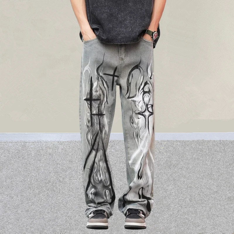 2026 Cyber Y2K Style Flame Graffiti Distressed Blue Baggy Jeans Pants For Men Clothing New Rock Dark Streetwear Denim Trousers