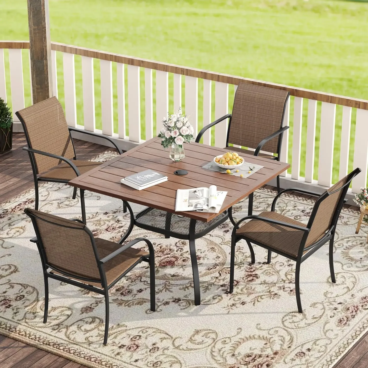 

5 Pieces Patio Dining Set, Outdoor Furniture Set Includes 1 Square Patio Table and 4 Stackable Patio Sling Chairs, Outdoor Table