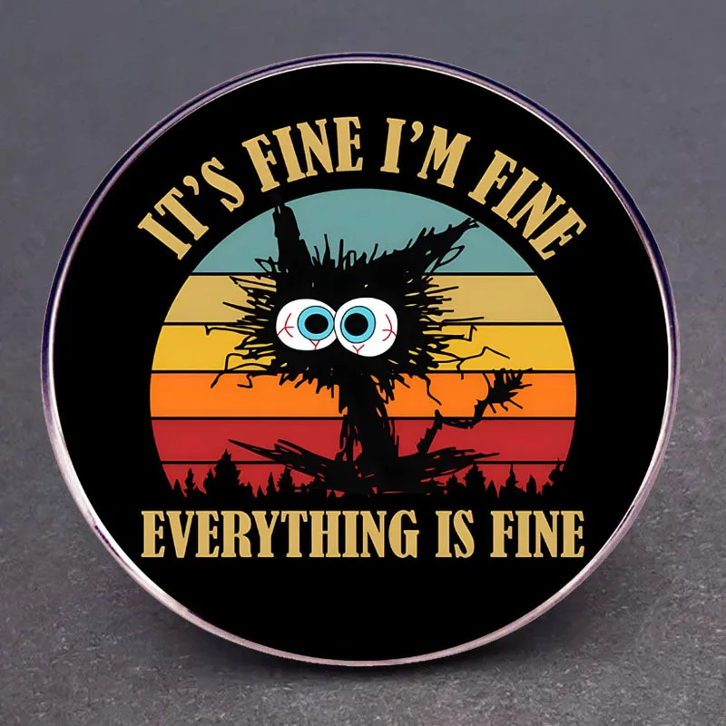 Everything Is Fine English Brooch Creative Black Cat English Letter Alloy Badge Trendy Versatile Clothing Bag Accessories Badge image 3