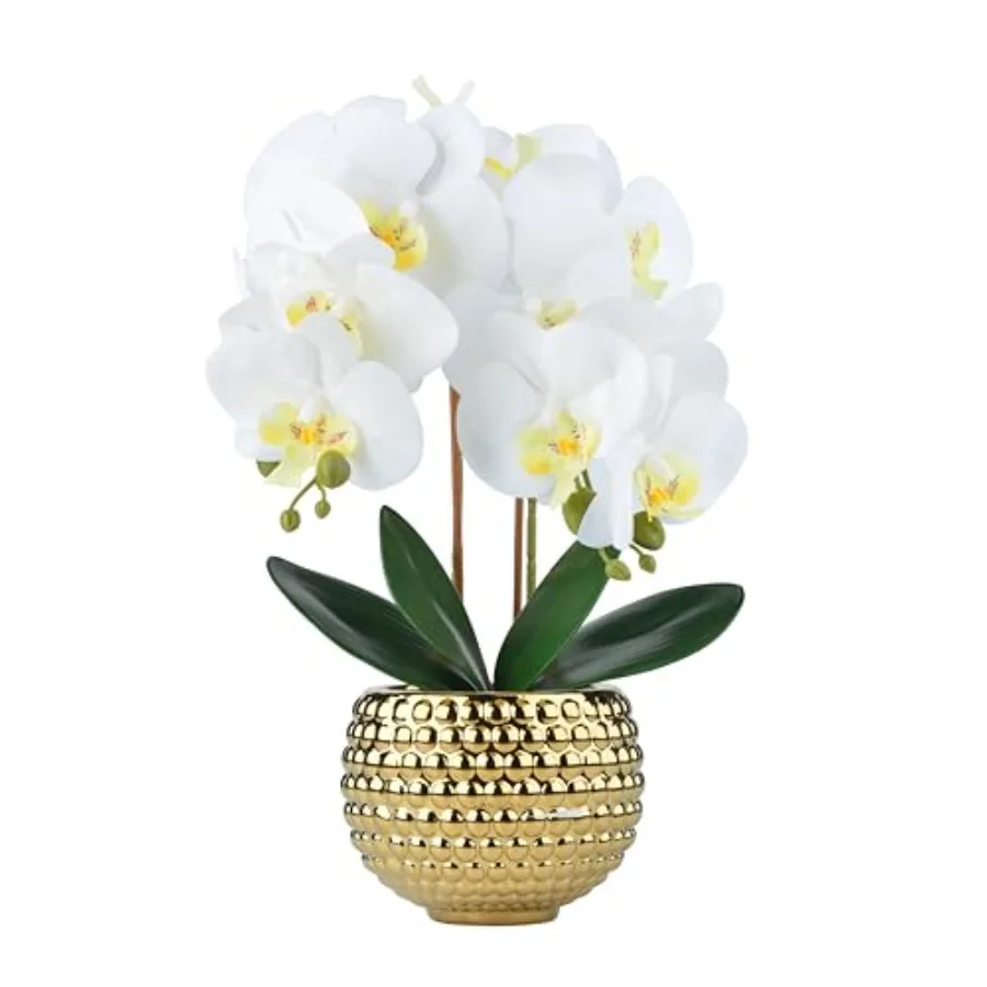 

Large Orchids Artificial Flowers, 17'' White Faux Orchids with Gold Pot for Living Room Decor, White Faux Orchid Plant for Bath