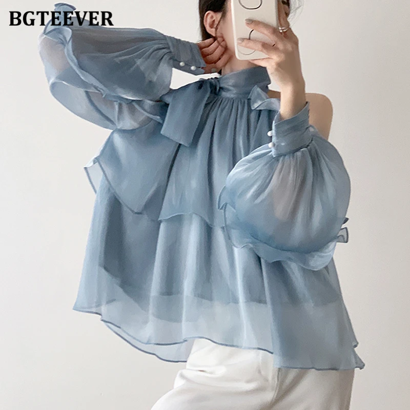 BGTEEVER Spring Autumn Lace-up Women Blouses Long Sleeve Off-the-shoulder Ruffles Ladies Shirts Elegant Female Tops