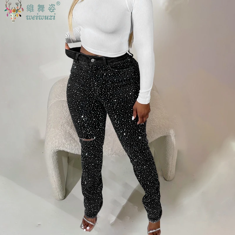 

Джинсы для женщин, роскошные узкие эластичные джинсовые брюки с бриллиантами, повседневные брюки-карандаш с высокой талией, осенние модные прямые брюки