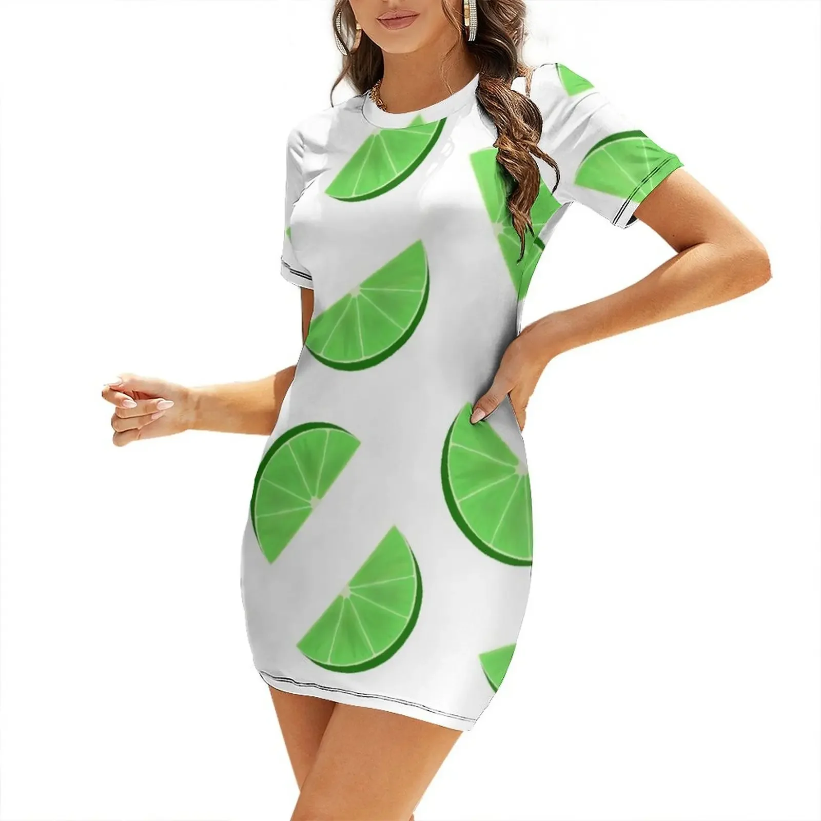 

Lime Pattern Short-Sleeved Dress summer dress korean women clothes for woman dresses for womens party dresses woman