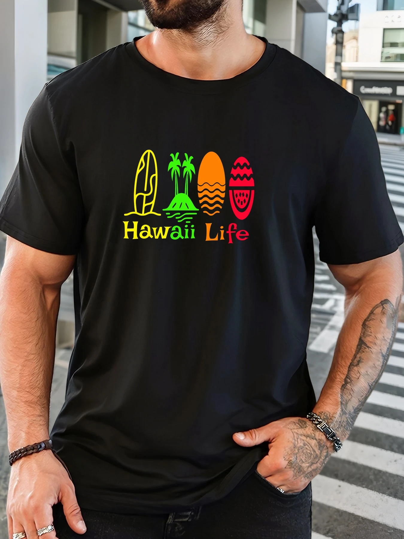

Men's 100% Cotton Printed T-Shirt Hawaii Life Pattern Summer Casual Oversized Round Neck Short Sleeve Comfortable Daily Wear Tee