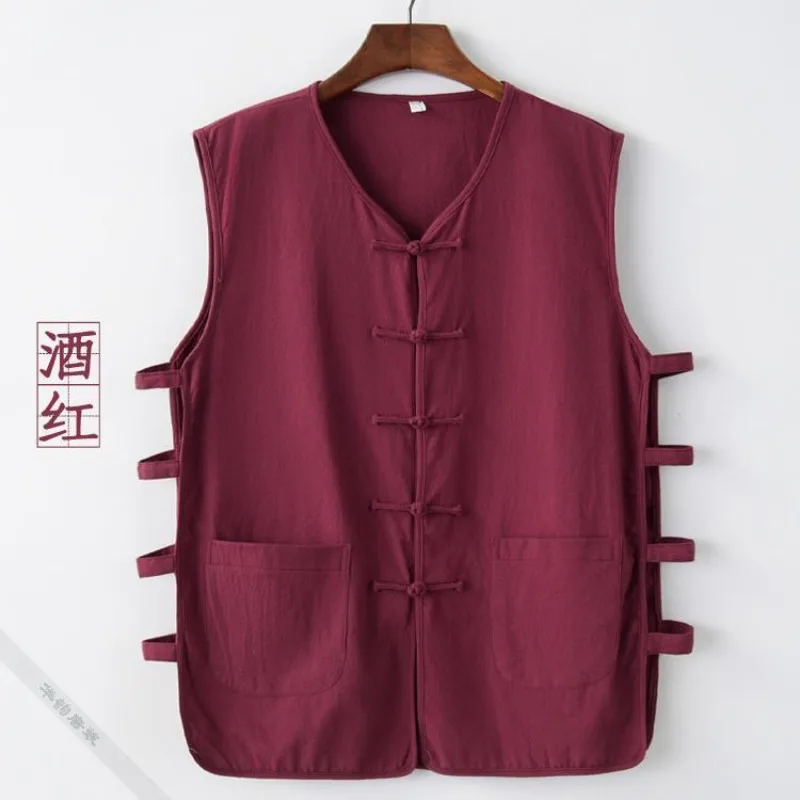 Summer Casual Cotton Linen Sleeveless Tang Suit Vest Chinese Traditional Clothing for Men Vintage Shirt T-shirt Jacket