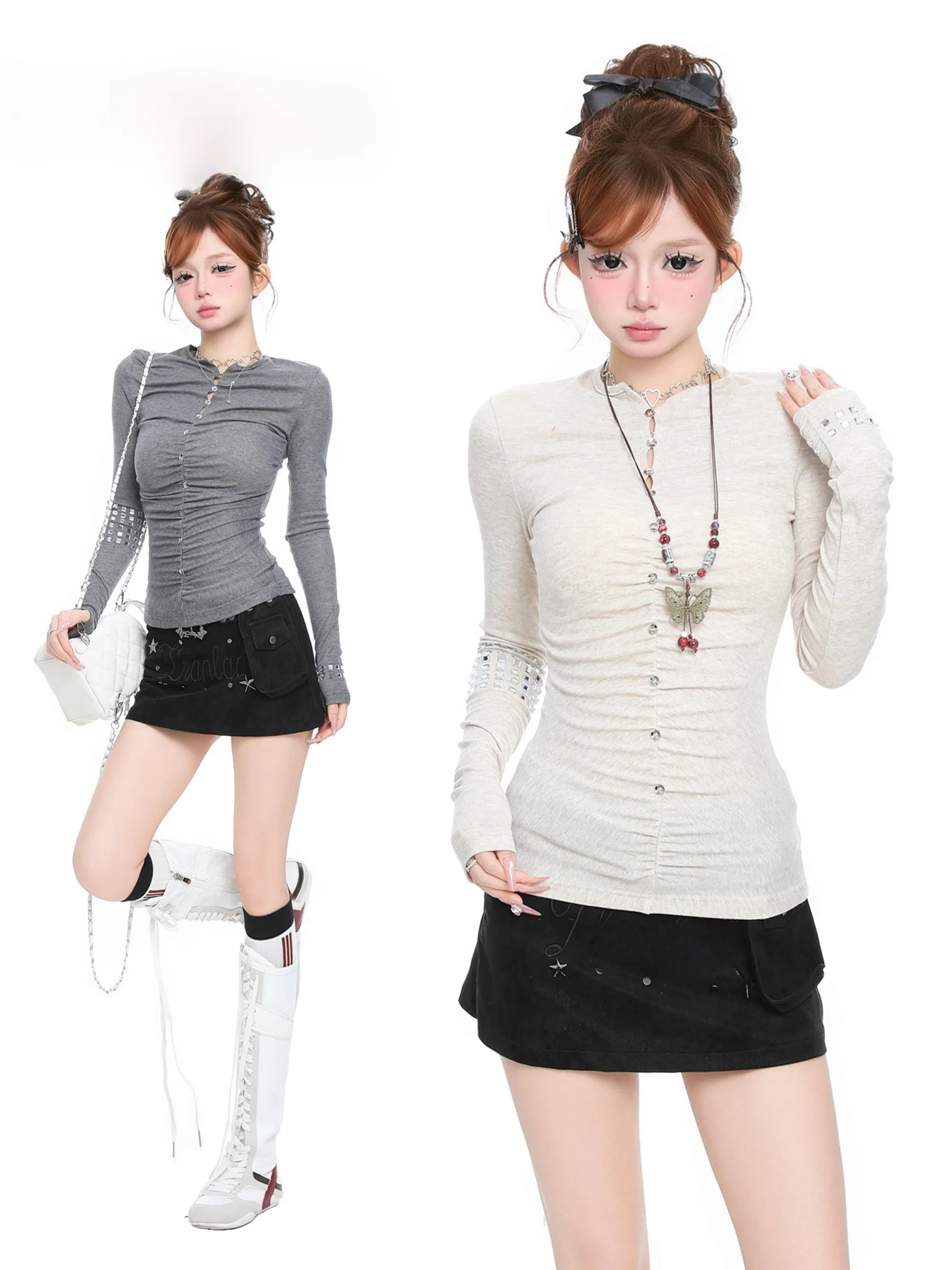 Basterds American Design Sensation Hot Girl Slim Long Sleeve T-Shirt Women's Spring Waist Inward Thin Base Top