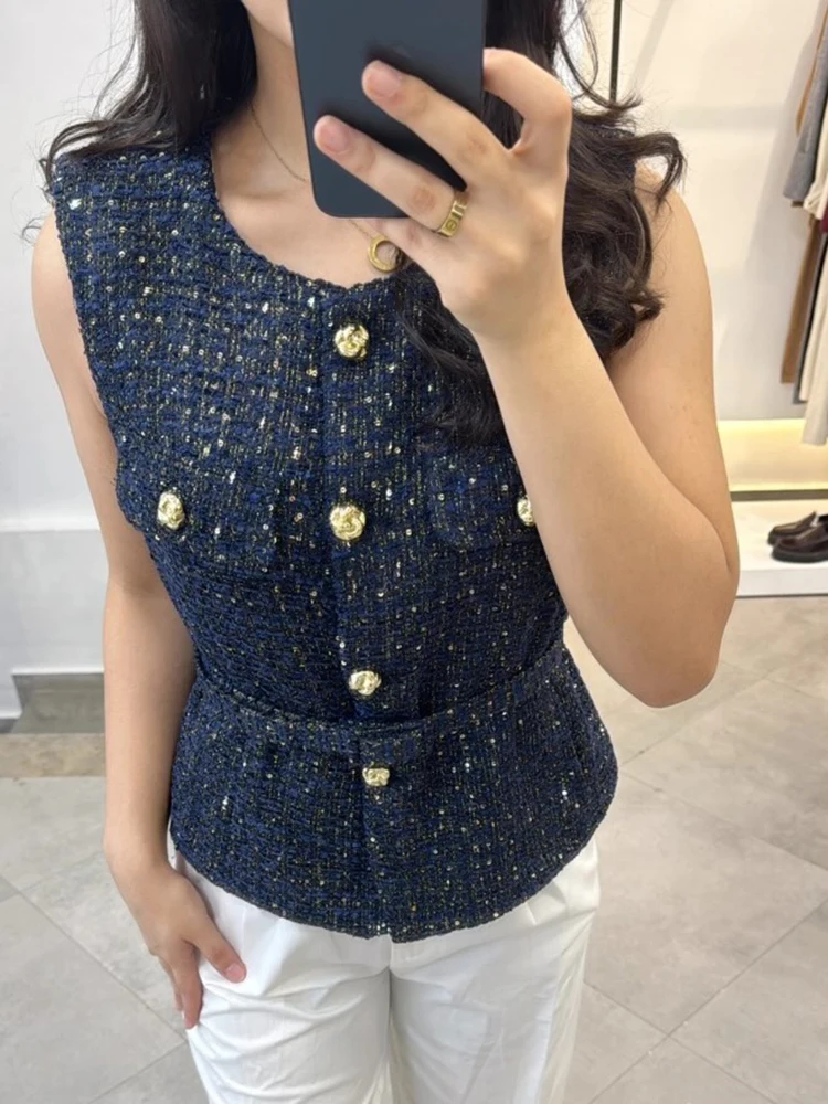 Talenza Women Fashion Tweed Belt Waistcoat O Neck Single Breasted Sleeveless Vests Spring Summer Office Lady Outerwear Chic Tops